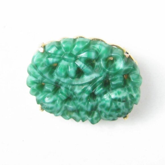 Vintage Marvella Faux Jade Peking Glass Floral Brooch Gold Tone 1950s Jewelry - Picture 5 of 5